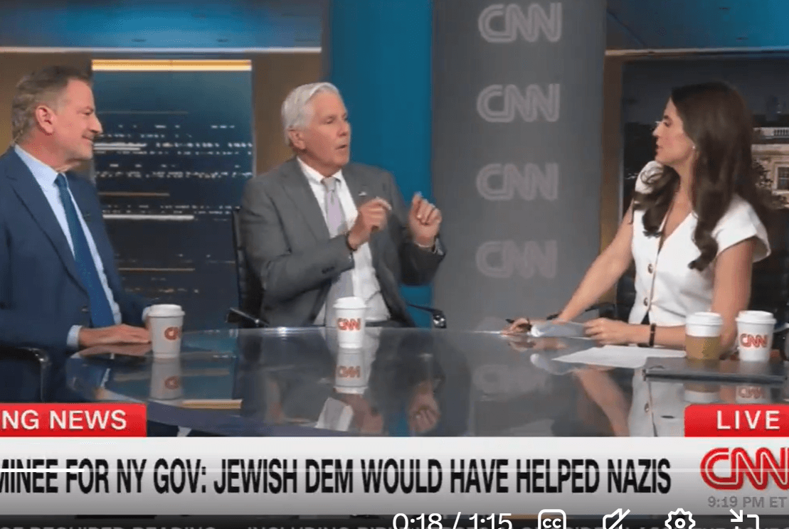 CNN via X The Republican nominee for New York State governor, Bruce Blakeman, appears with host Kaitlan Collins and the former New York City mayor, Bill de Blasio, on CNN on June 26, 2026.