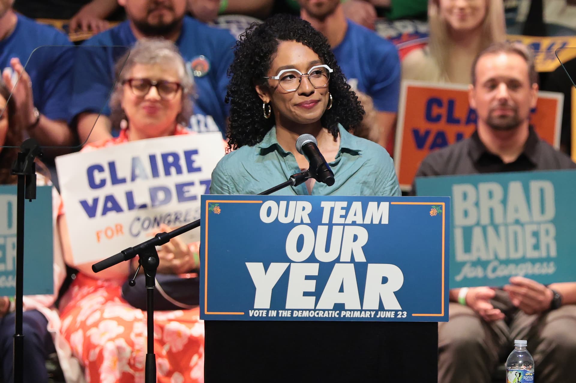 Michael M. Santiago/Getty Images Congressional candidate Darializa Avila Chevalier speaks during a Get Out the Vote rally at New York City on June 18, 2026.