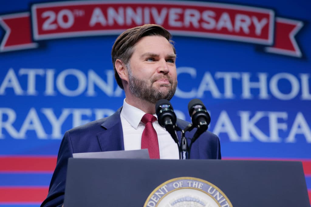 Anna Moneymaker/Getty Images Vice President Vance speaks at the 20th annual National Catholic Prayer Breakfast in Washington, D.C. in February 2025.