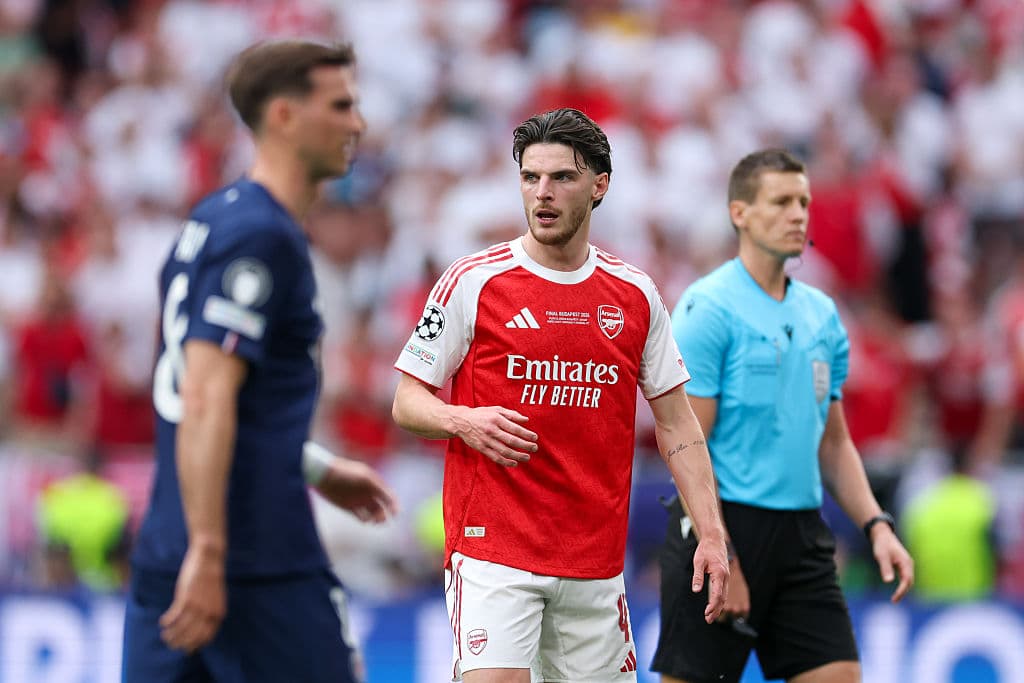 Rene Nijhuis/MB Media/Getty Images Declan Rice of Arsenal during the UEFA Champions League 2026 Final between Paris Saint-Germain and Arsenal FC.
