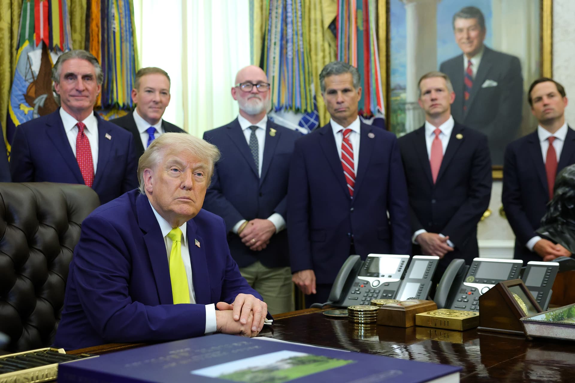 Kevin Dietsch/Getty Images President Trump listens to questions from the media in the Oval Office of the White House on June 4, 2026.