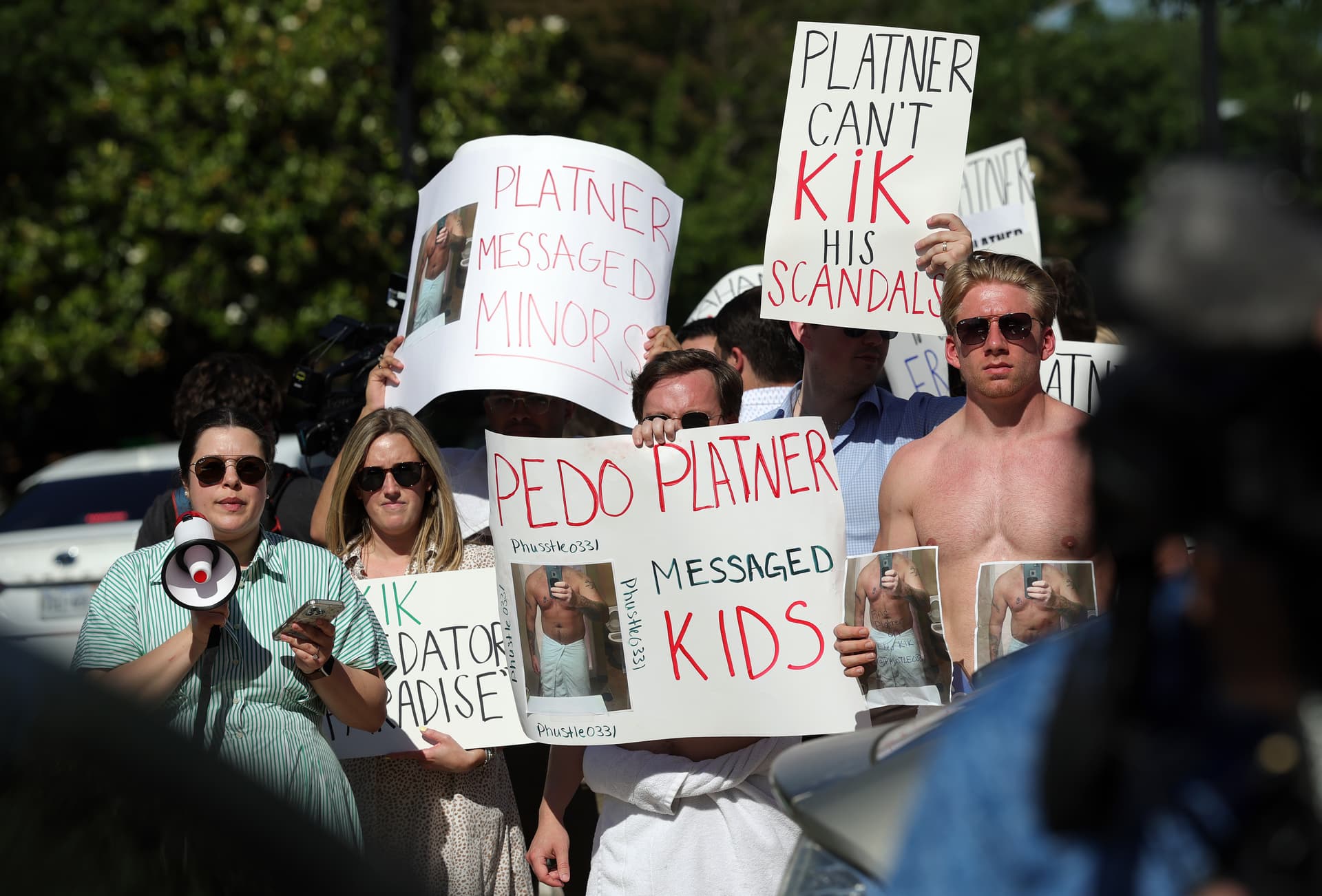 Kevin Dietsch/Getty Images Demonstrators protest outside the Democratic Senatorial Campaign Committee as a Senate candidate, Graham Platner, meets with senators at Washington, D.C., on June 2, 2026.