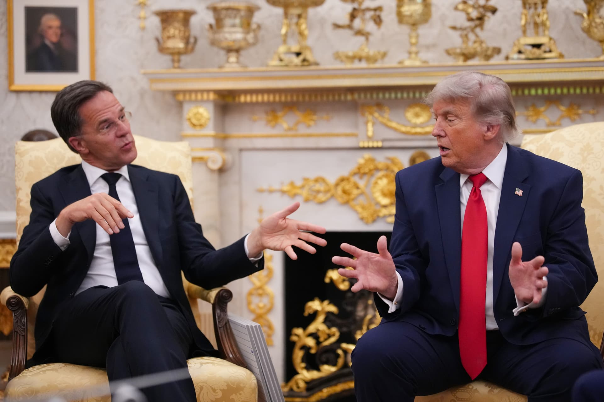Andrew Harnik/Getty Images President Trump meets in the Oval Office with the secretary-general of NATO, Mark Rutte, on June 24, 2026.