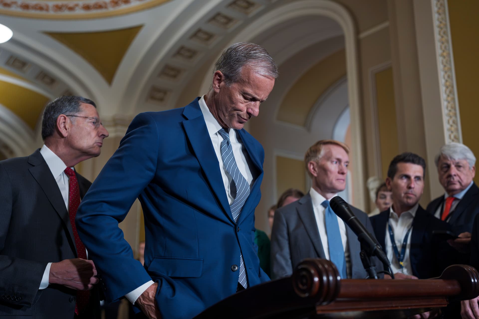 J. Scott Applewhite/AP The Senate majority leader, John Thune, speaks to reporters at the Capitol on June 23, 2026, ahead of a Wednesday meeting with President Trump.