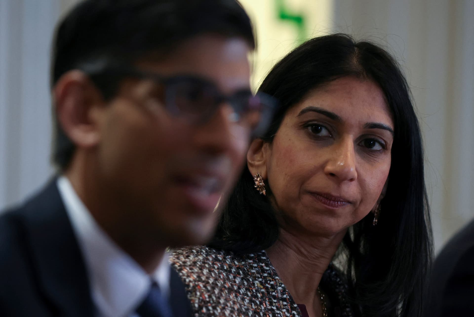 AP/Phil Noble Britain's former Prime Minister, Rishi Sunak, left, and Britain's former Home Secretary, Suella Braverman, attend a meeting with the local community and police leaders following the announcement of a new police task force to help officers tackle grooming gangs, in Rochdale, England, April 3, 2023.