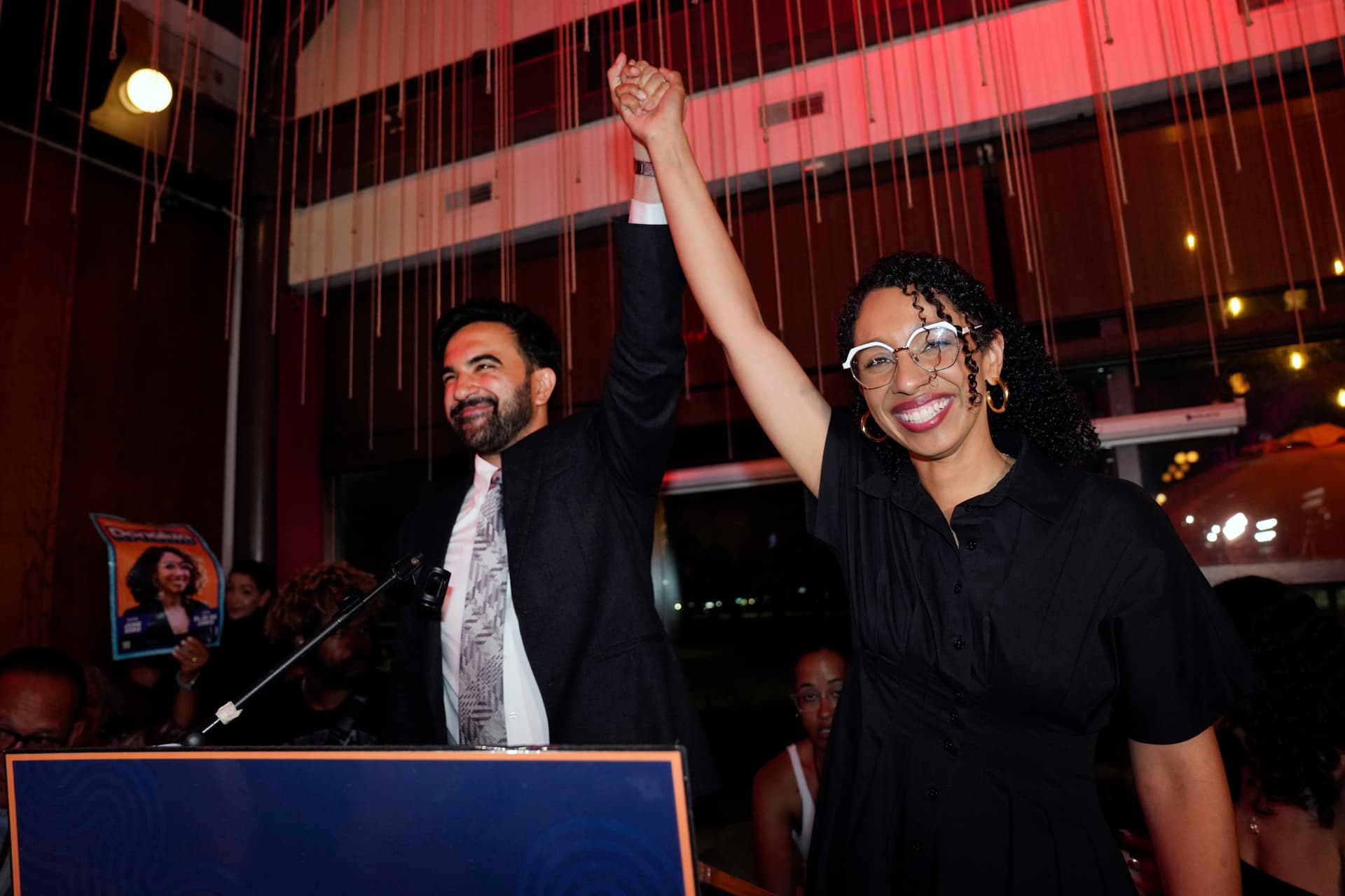 AP/Seth Wenig Mayor Zohran Mamdani celebrates with a Democratic congressional candidate, Darializa Avila Chevalier, during an election night watch party on June 23, 2026.