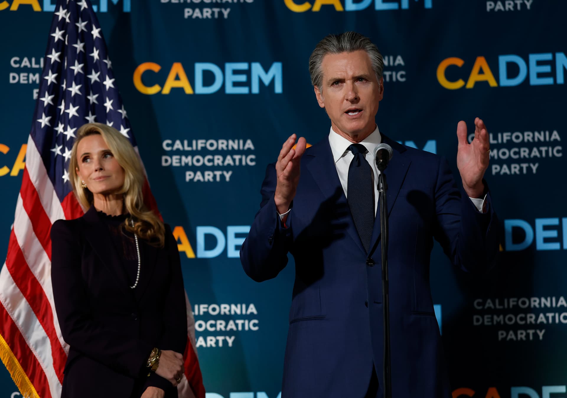 Justin Sullivan/Getty Images California Governor Gavin Newsom speaks as his wife Jennifer Siebel Newsom looks on during an election night gathering at the California Democrats headquarters on November 4, 2025 in Sacramento, California.