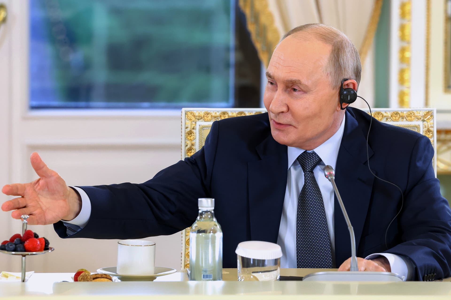 Alexander Kazakov, Sputnik, Kremlin Pool Photo via AP President Vladimir Putin gestures during a meeting with representatives of international news agencies on the sidelines of the St. Petersburg International Economic Forum at the Constantine Palace in St. Petersburg, Russia, on June 4, 2026.