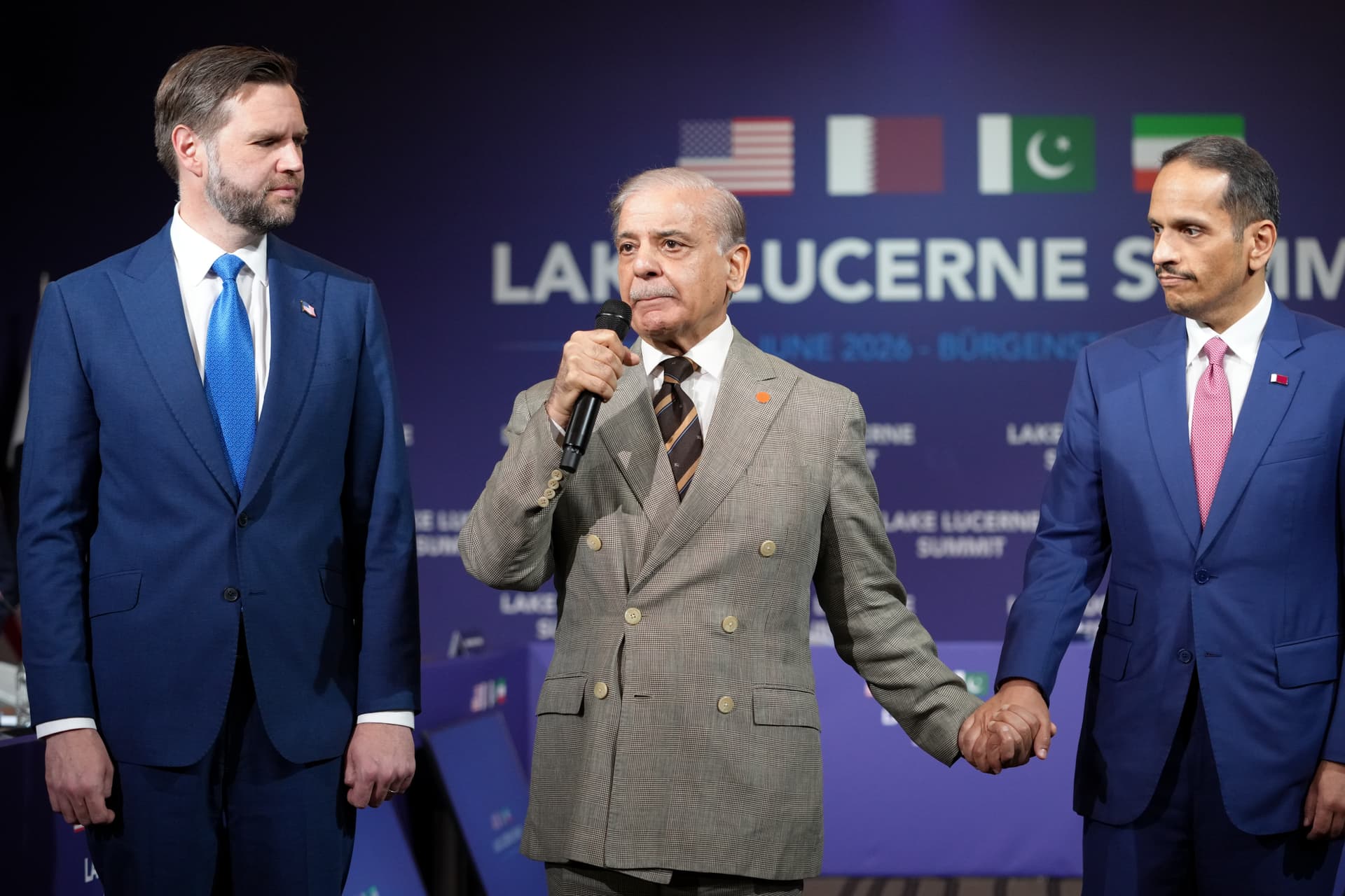 Nathan Howard/Getty Images Pakistan's Prime Minister Shehbaz Sharif speaks next to Vice President JD Vance and Qatar's Prime Minister and Minister for Foreign Affairs, Sheikh Mohammed bin Abdulrahman bin Jassim Al-Thani, during a quadrilateral meeting between the U.S., Iran, Pakistan, and Qatar at the Lake Lucerne Summit June 21, 2026 near Stansstad, Switzerland.