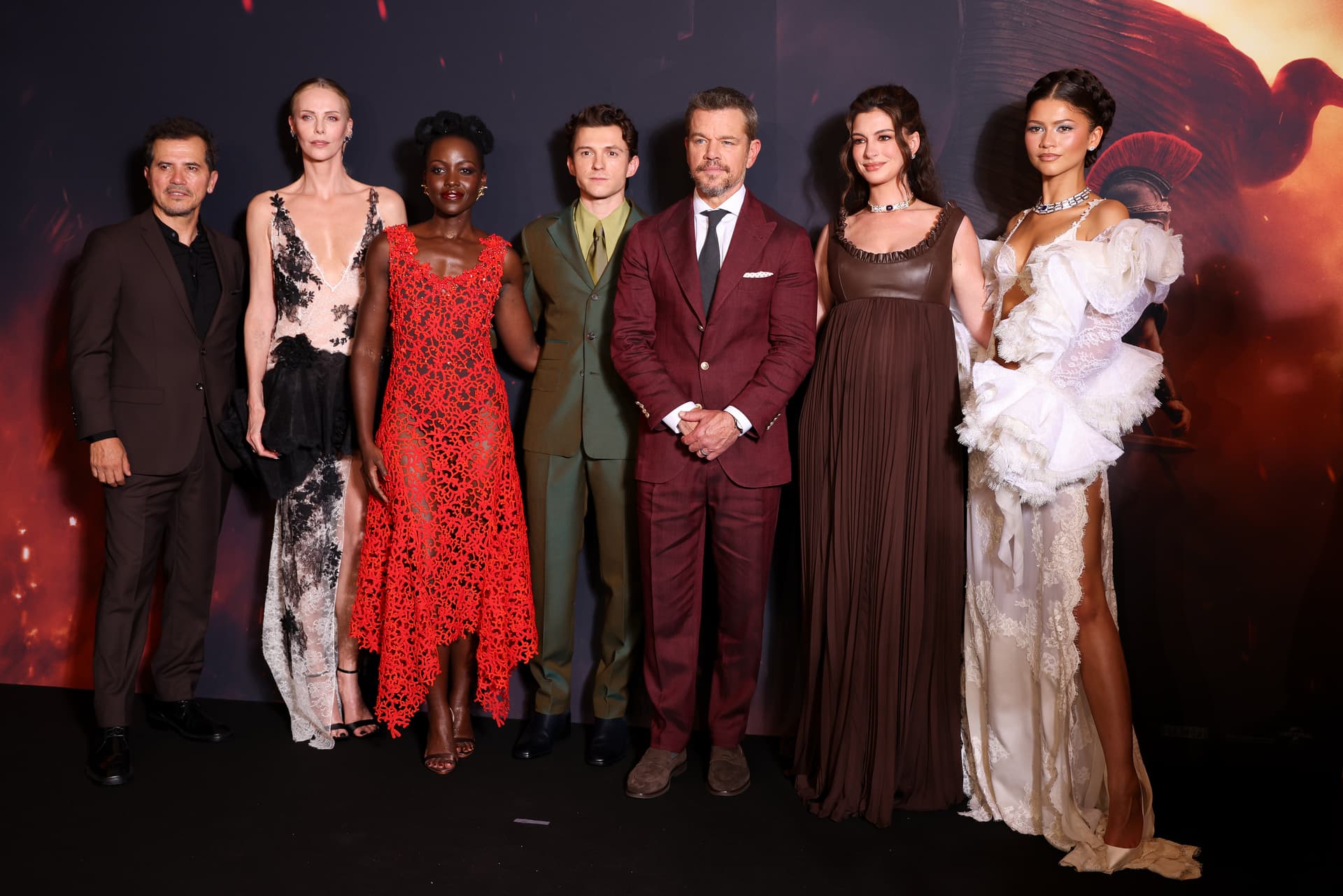 Marc Piasecki/WireImage John Leguizamo, Charlize Theron, Lupita Nyong'o, Tom Holland, Matt Damon, Anne Hathaway, and Zendaya attend "The Odyssey" Paris Premiere on July 08, 2026.