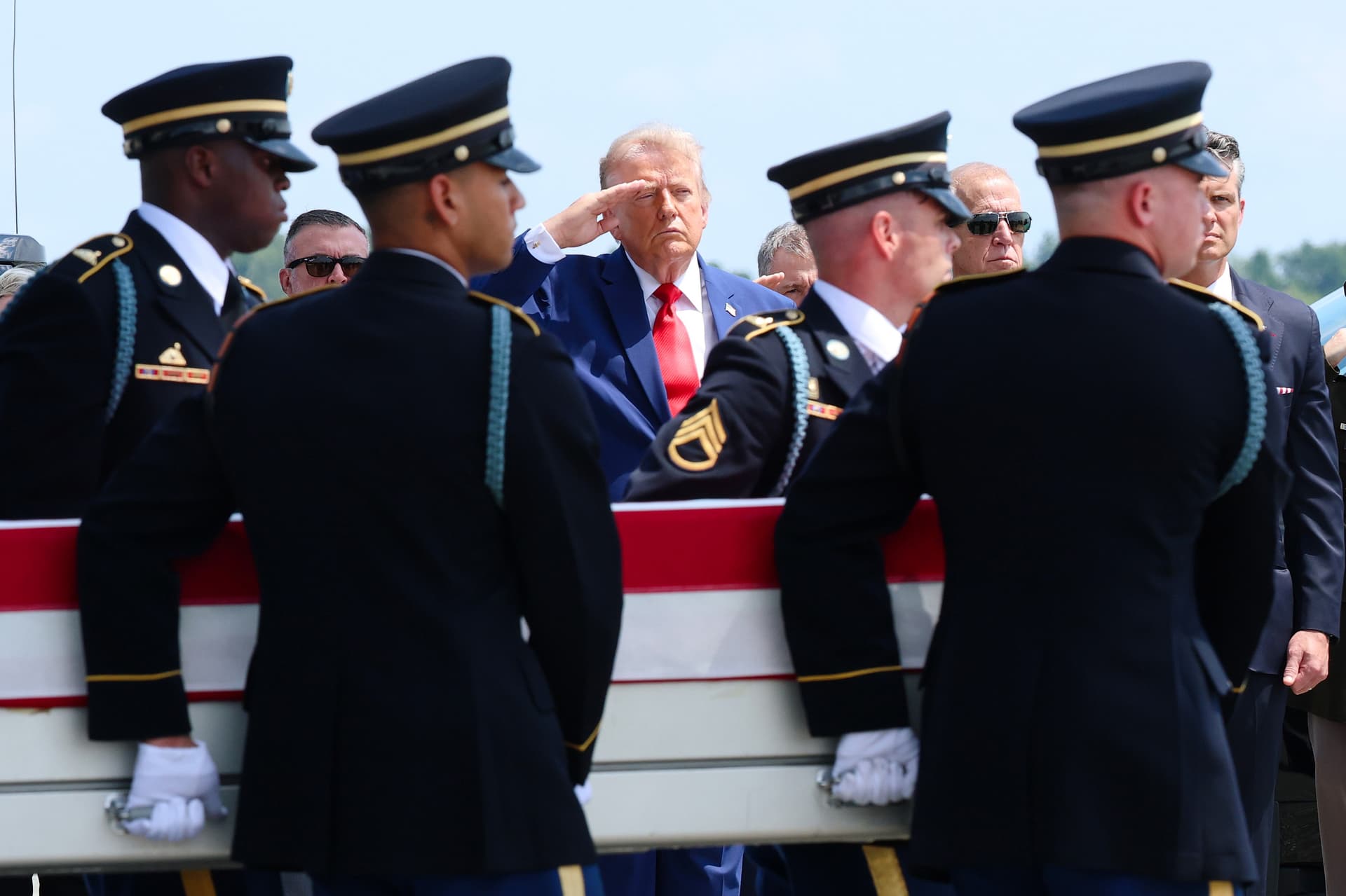Kevin Dietsch/Getty Images President Trump salutes as members of a U.S. Army carry team move the flag-draped transfer case holding the remains of Army Private Isabella Gonzales, of Carrollton, Texas, during a dignified transfer at Dover Air Force Base July 22, 2026.