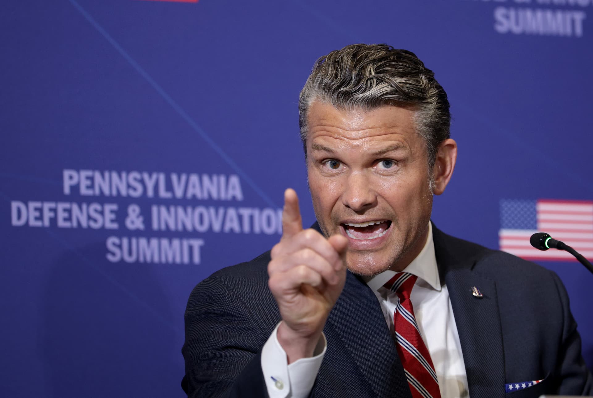 Alex Wong/Getty Images Secretary of Defense Pete Hegseth speaks at the Pennsylvania Defense and Innovation Summit at the U.S. Army War College at Carlisle, Pennsylvania, on July 15, 2026.