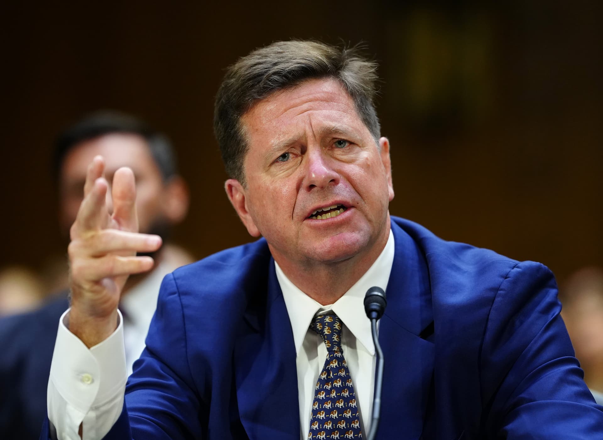 Aaron Schwartz/Getty Images Jay Clayton appears before the Senate Intelligence Committee during his confirmation hearing on Capitol Hill July 15, 2026.