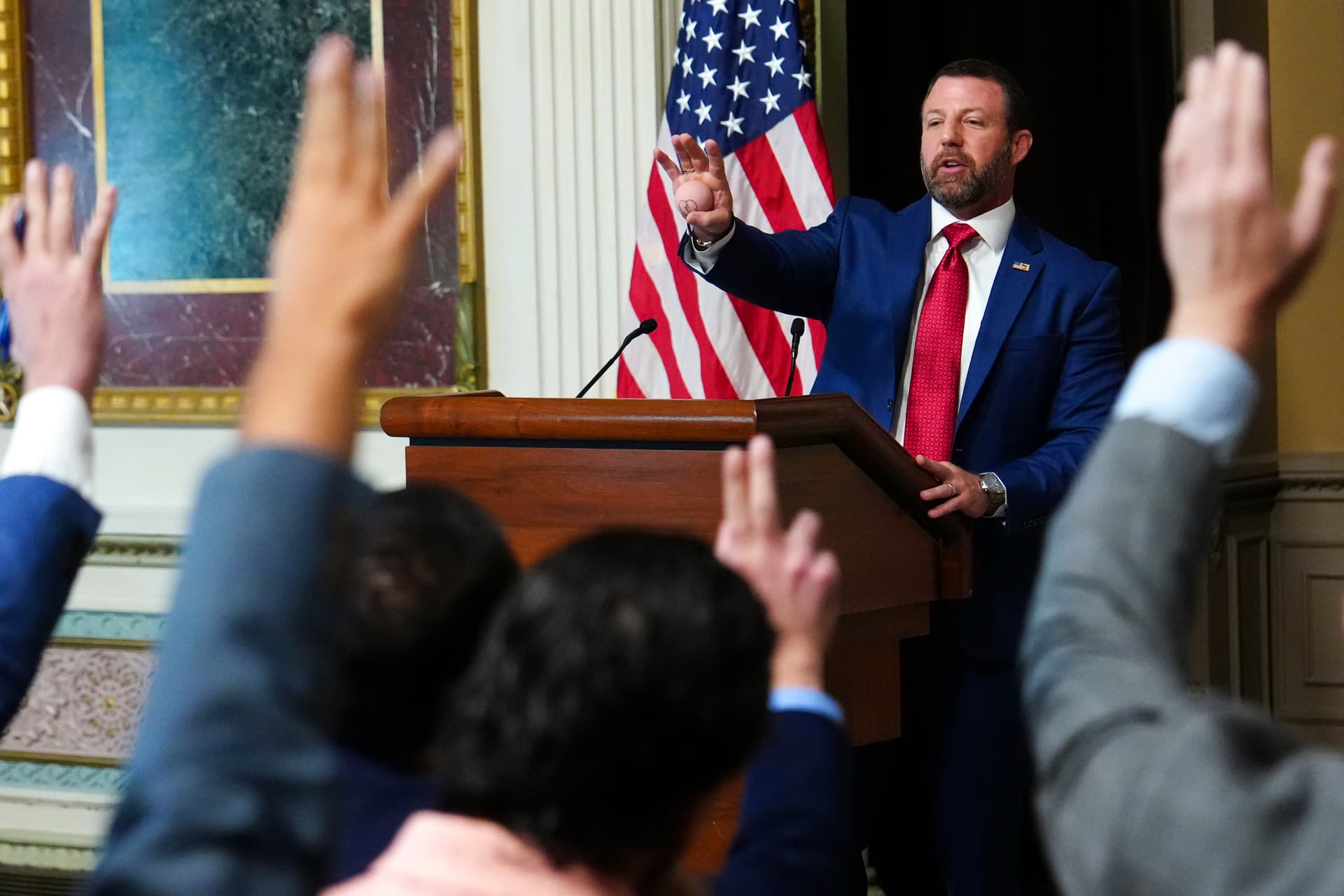 Julia Demaree Nikhinson/AP Homeland Security Secretary Markwayne Mullin speaks to reporters at the Eisenhower Executive Office Building at Washington, D.C., on July 17, 2026.