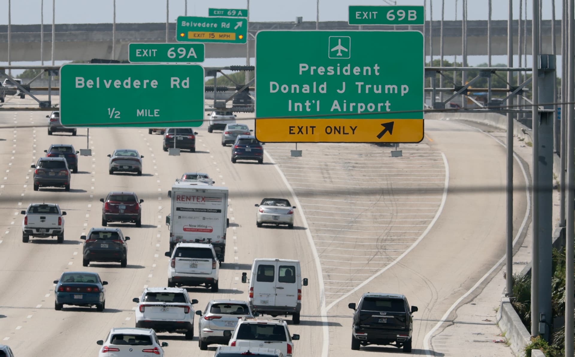 Joe Raedle/Getty Images A sign on I-95 directs drivers to the President Donald J. Trump International Airport at Palm Beach, Florida, on July 09, 2026.