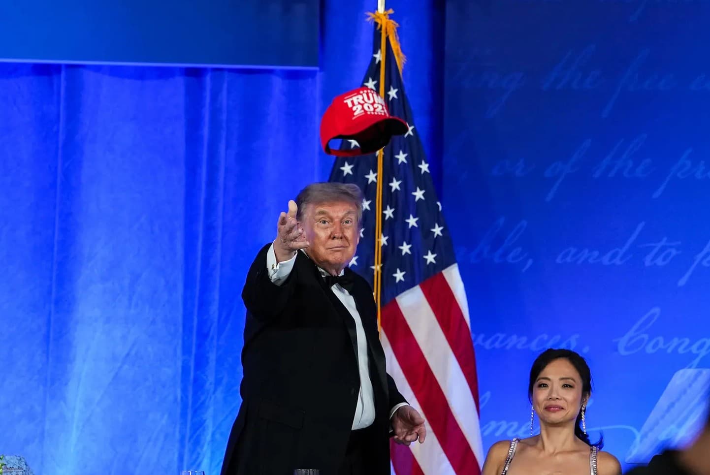 Eric Lee/Getty Images President Donald Trump tosses a TRUMP 2028 hat to an attendee during the rescheduled White House Correspondents Dinner at the Waldorf Astoria at Washington, D.C., on July 24, 2026.