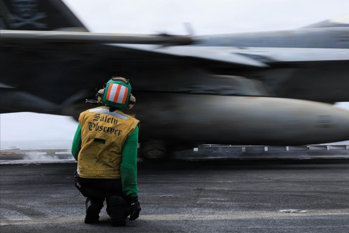 U.S. Central Command via X U.S. Sailors monitor F/A-18E Super Hornet fighter jets launching from the USS George H.W. Bush while sailing in the Arabian Sea.
