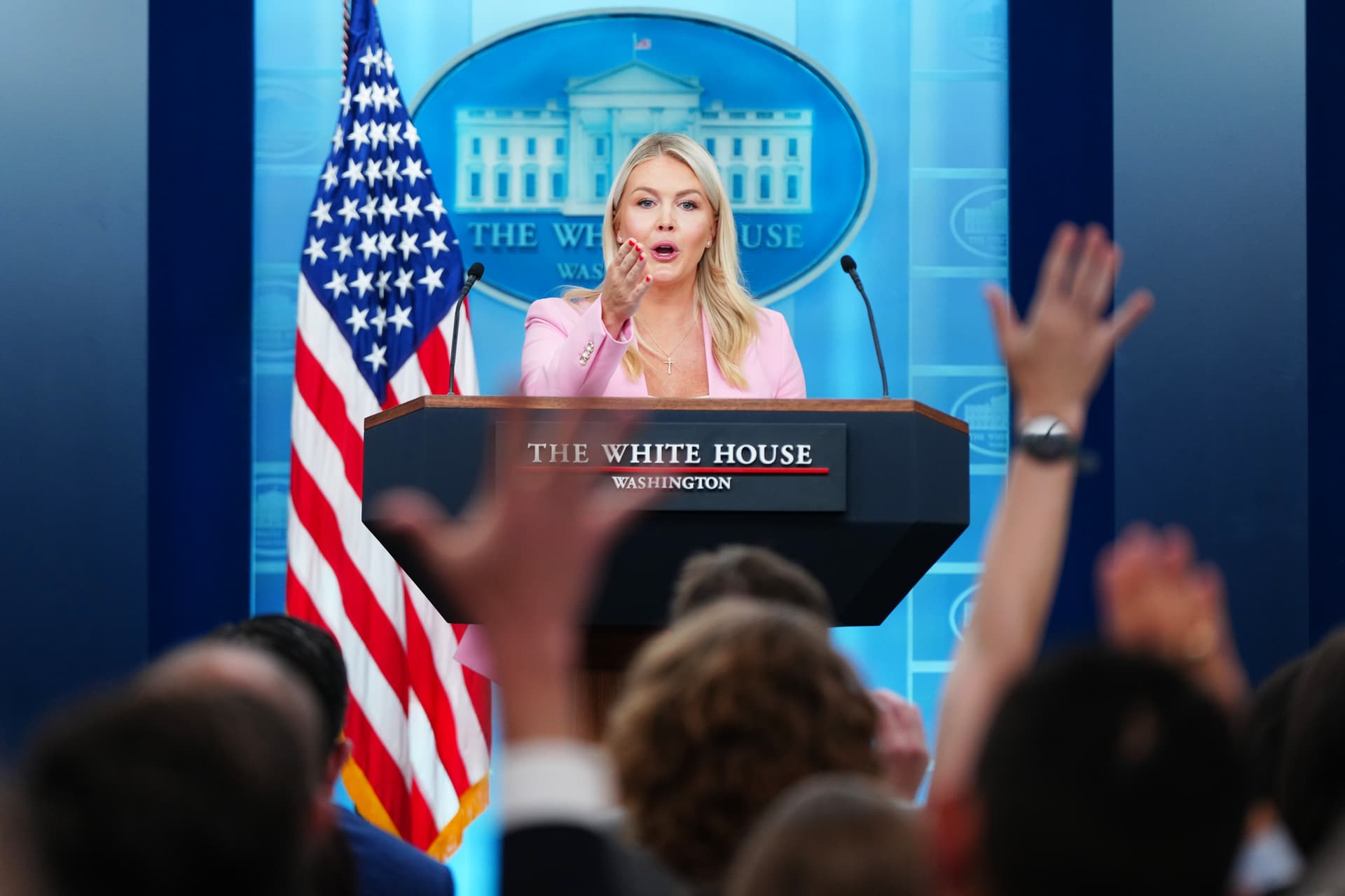 AP/Julia Demaree Nikhinson Press Secretary Karoline Leavitt answers questions during a press briefing on July 16, 2026, in the White House press room at Washington, D.C.