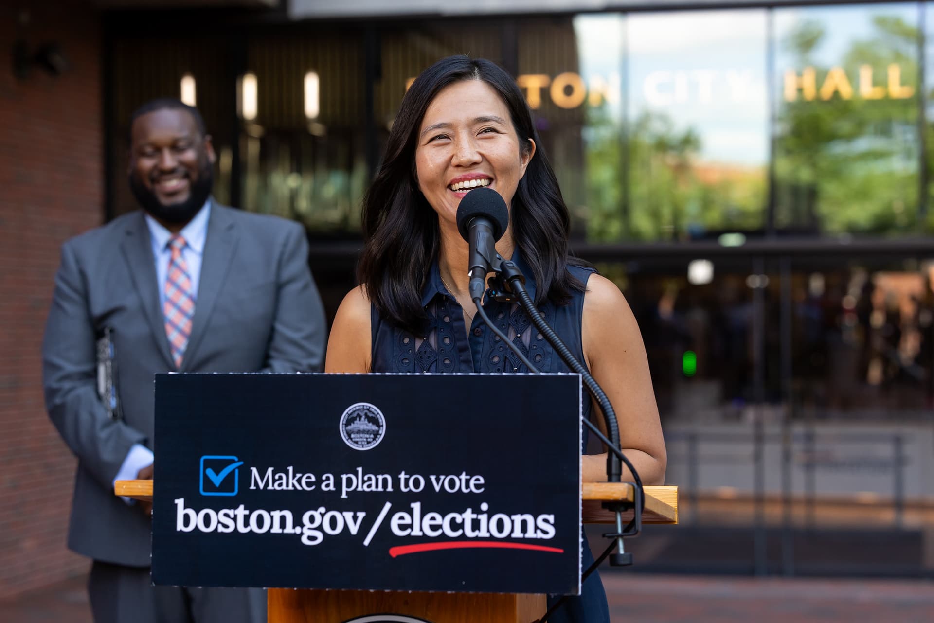 Mike Mejia/City of Boston Mayor's Office via Flickr Mayor Michelle Wu holds a press conference on August 19, 2026, to outline Boston's efforts to ensure a smooth and fair November election.