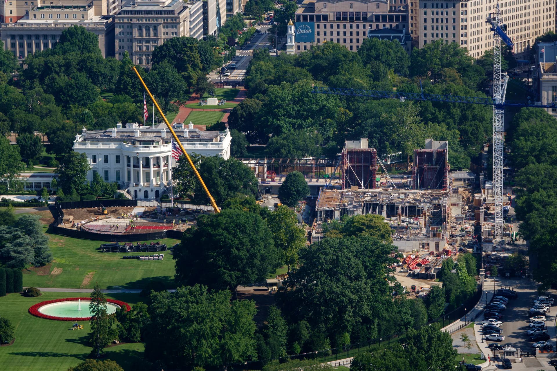 Kevin Carter/Getty Images Construction work is seen on the East Wing ballroom and a new helipad on the South Lawn of the White House on August 6, 2026.