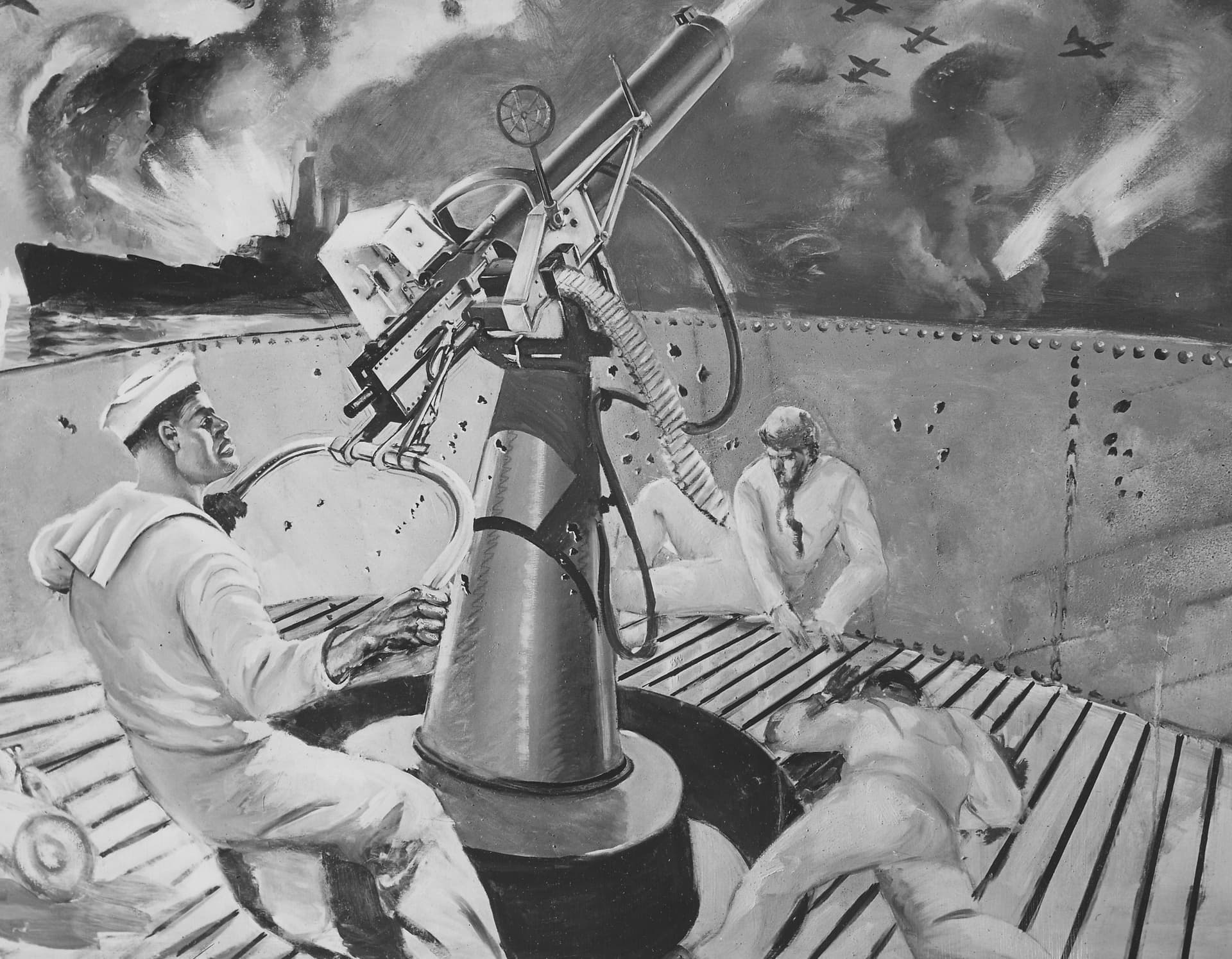 Afro American Newspapers/Gado/Getty Images A mural painted in 1945 depicts sailor Doris 'Dorie' Miller firing an anti-aircraft gun during the Japanese attack on Pearl Harbor on December 7, 1941.