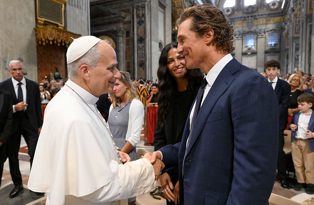 Pope Leo XIV greets actor Matthew McConaughey and Brazilian-American model and entrepreneur Camila Alves at St. Peter's Basilica on August 05, 2026 at Vatican City, Vatican. Pope Leo XIV greets actor Matthew McConaughey and Brazilian-American model and entrepreneur Camila Alves at St. Peter's Basilica on August 05, 2026 at Vatican City, Vatican.
