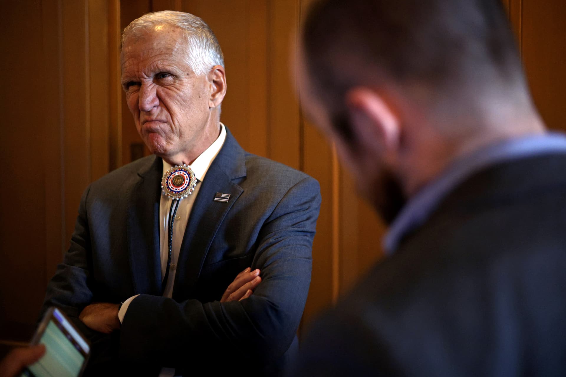 Alex Wong/Getty Images Senator Thom Tillis speaks to reporters at the United States Capitol on August 5, 2026.