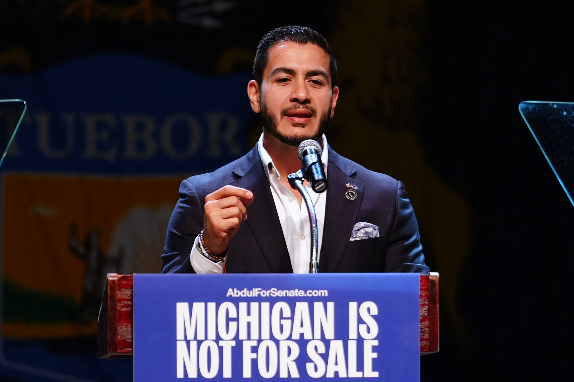 AP/Julia Demaree Nikhinson Senate candidate Abdul El-Sayed on August 5, 2026, at Detroit's Majestic Theatre.