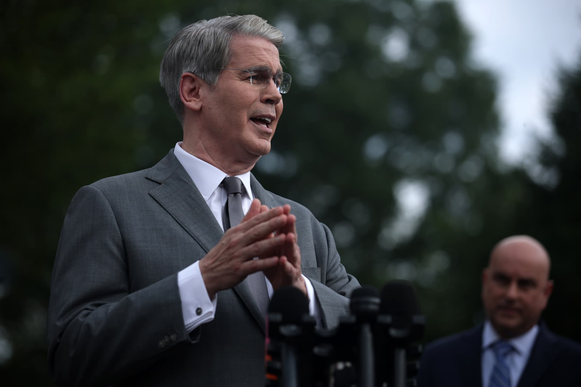 Alex Wong/Getty Images Secretary Bessent speaks to the press outside the White House on August 20, 2026.
