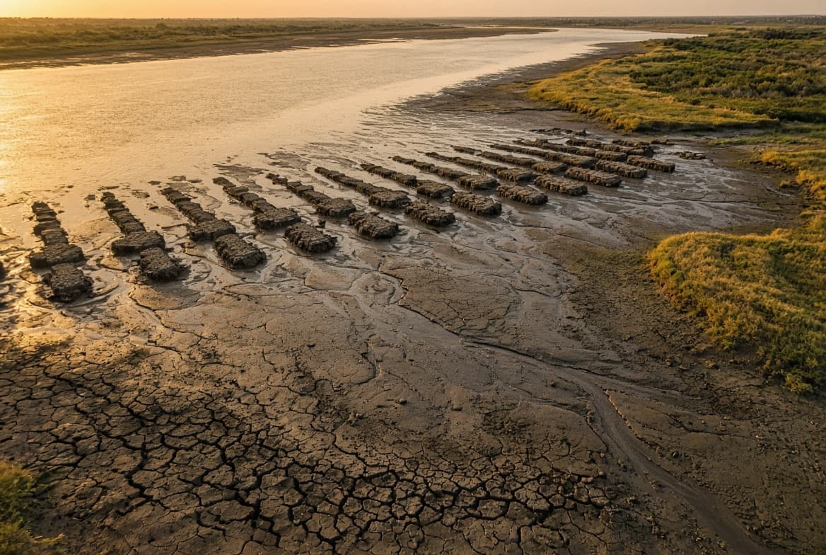 Regional Historical Museum at Pleven via Instagram The foundations of the ancient Constantine's Bridge, newly exposed by record low water levels on the Danube River, are seen near the village of Gigen, Bulgaria, on August 4, 2026.