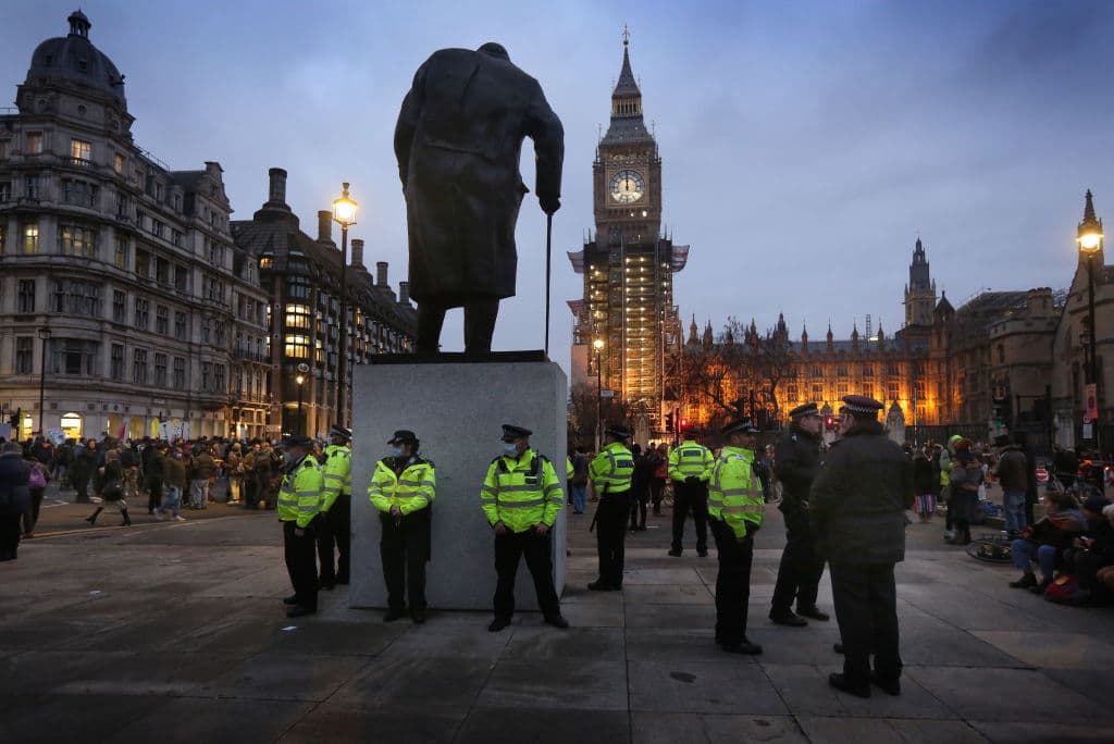 Martin Pope/Getty Images The Churchill statue as light falls at London's Parliament Square on January 15, 2022.