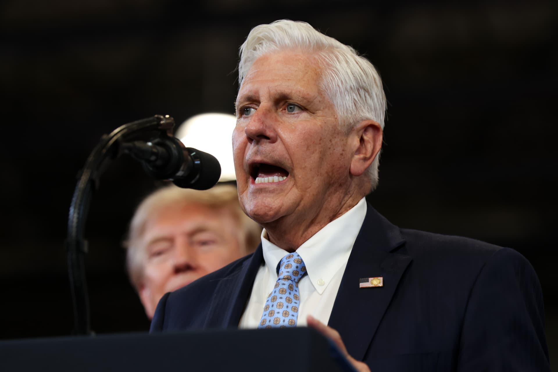 Samuel Corum/Getty Images Bruce Blakeman speaks during an event with President Trump at the David S. Mack Center for Training and Intelligence on August 14, 2026 at Garden City, New York.