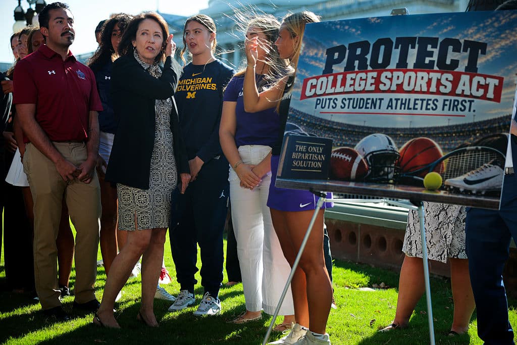 Chip Somodevilla/Getty Images Senator Maria Cantwell, Democrat of Washington, supporting the Protect College Sport Act with college athletes on September 14 2026.