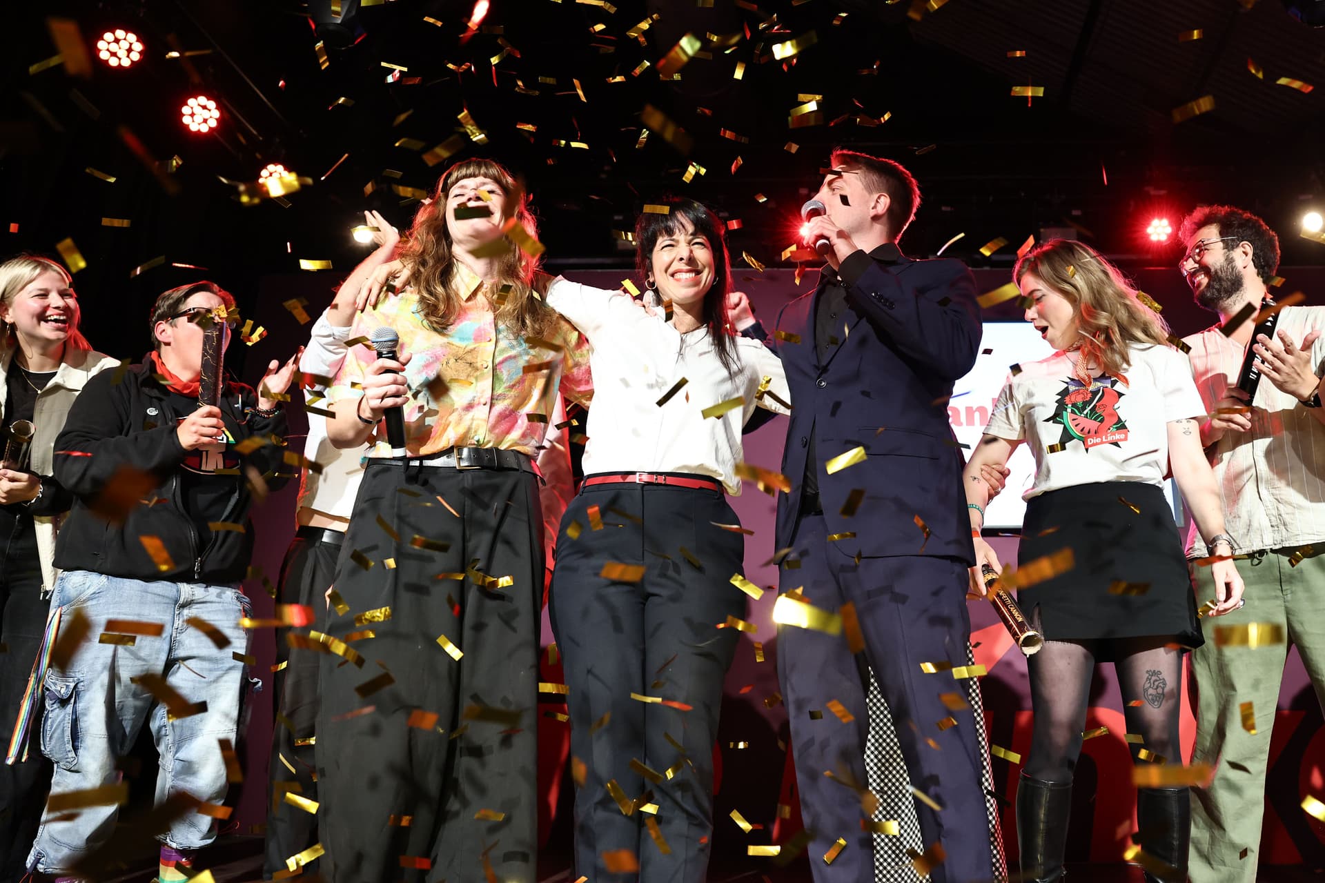 Nadja Wohlleben/Getty Images Lead candidate of Die Linke, Elif Eralp, center, and supporters of the leftist party react to preliminary election results following the closure of polling stations at Berlin state elections on September 20, 2026, Germany.