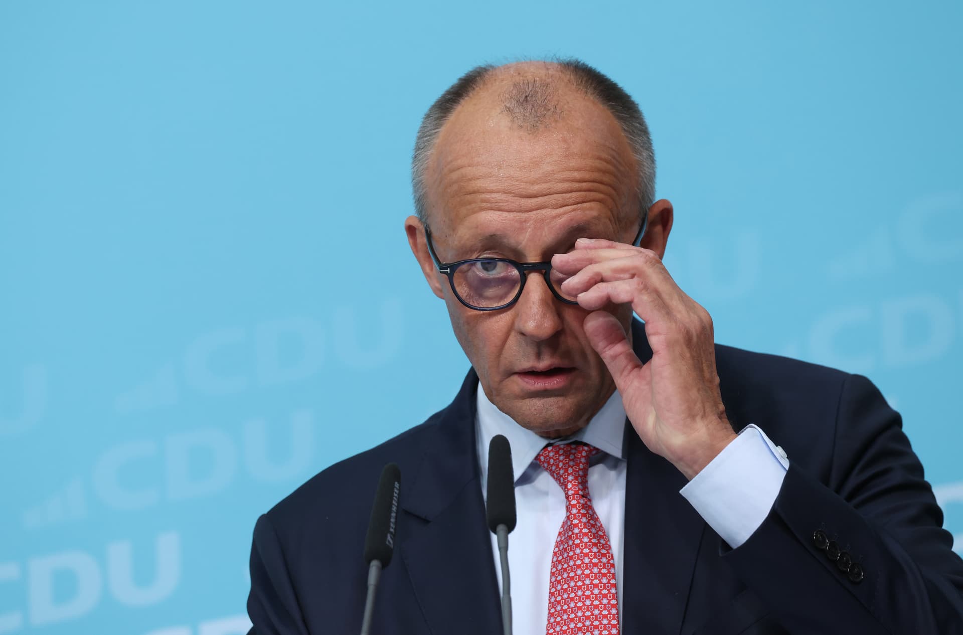 Sean Gallup/Getty Images Friedrich Merz speaks at a CDU campaign event ahead of Berlin state elections.