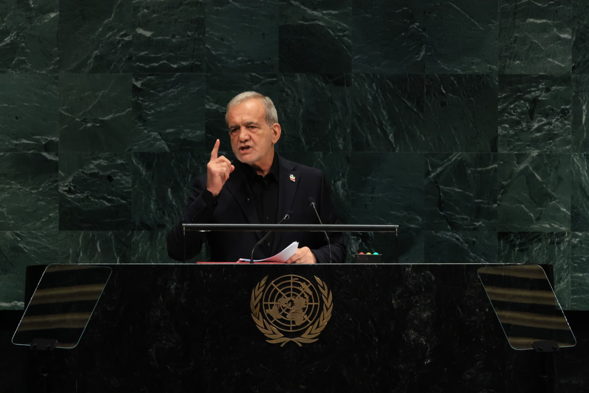 Spencer Platt/Getty Images President of Iran Masoud Pezeshkian addresses the 81st session of the United Nations.