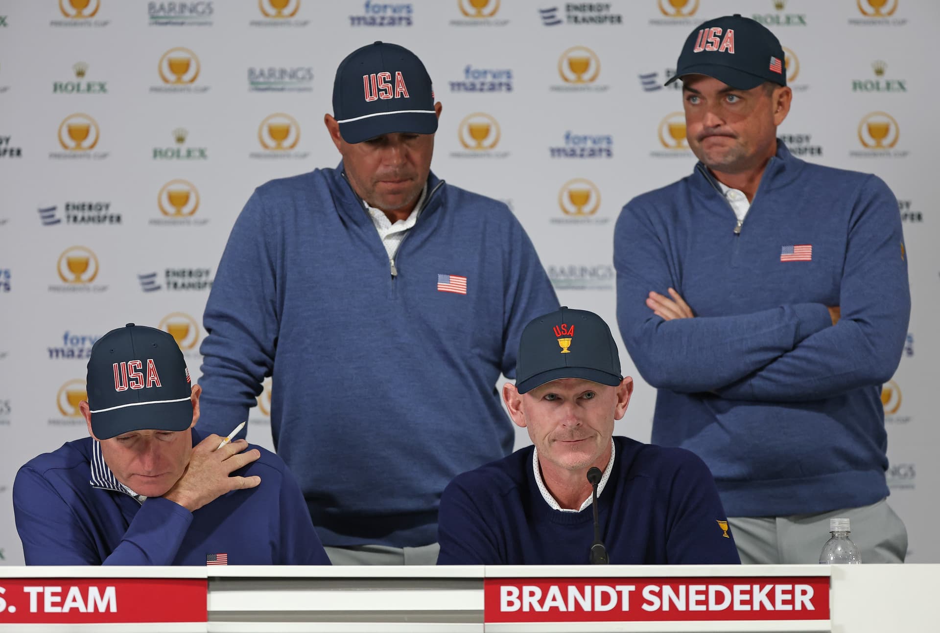 Sarah Stier/Getty Images Assistant captain Jim Furyk, assistant captain Gary Woodland, Captain Brandt Snedeker, and assistant captain Keegan Bradley of the U.S. Team take part in the Captains' pairings for the Thursday Four-Ball matches prior to the Presidents Cup 2026 at Medinah Country Club on September 23, 2026, at Medinah, Illinois.