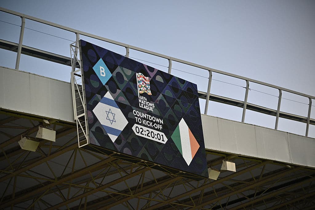 Sebastian Frej/Getty Images A stadium scoreboard displaying the flags of Israel and the Republic of Ireland ahead of their match at the UEFA Nations League 2026/27 group phase match at Nagyerdei Stadion on September 27, 2026 in Debrecen, Hungary.
