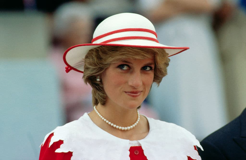Getty Images Diana, Princess of Wales, wears an outfit in the colors of Canada during a state visit to Edmonton, Alberta, with her husband in 1983.