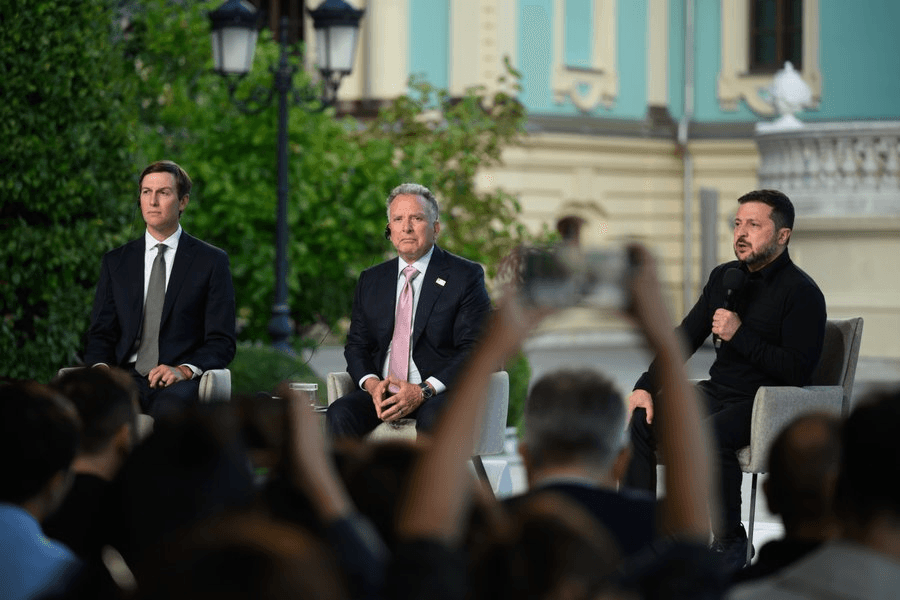 Office of the President of Ukraine via X President Trump's special envoys Jared Kushner and Steve Witkoff speak at a press conference at Kyiv alongside President Volodymyr Zelensky on September 6, 2026.