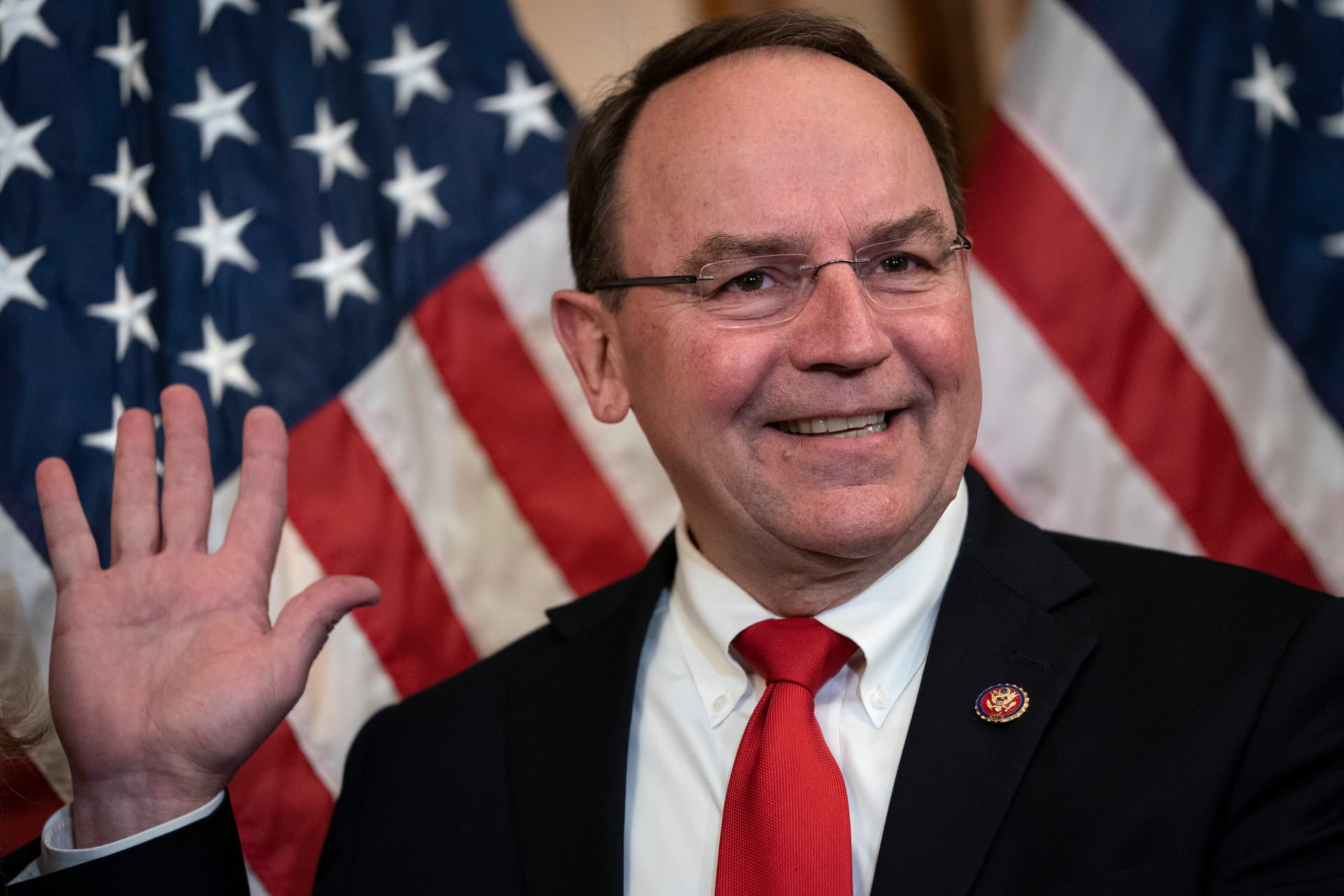 Drew Angerer/Getty Images Representative Tom Tiffany of Wisconsin participates in a ceremonial swearing-in at the United States Capitol on May 19, 2020.