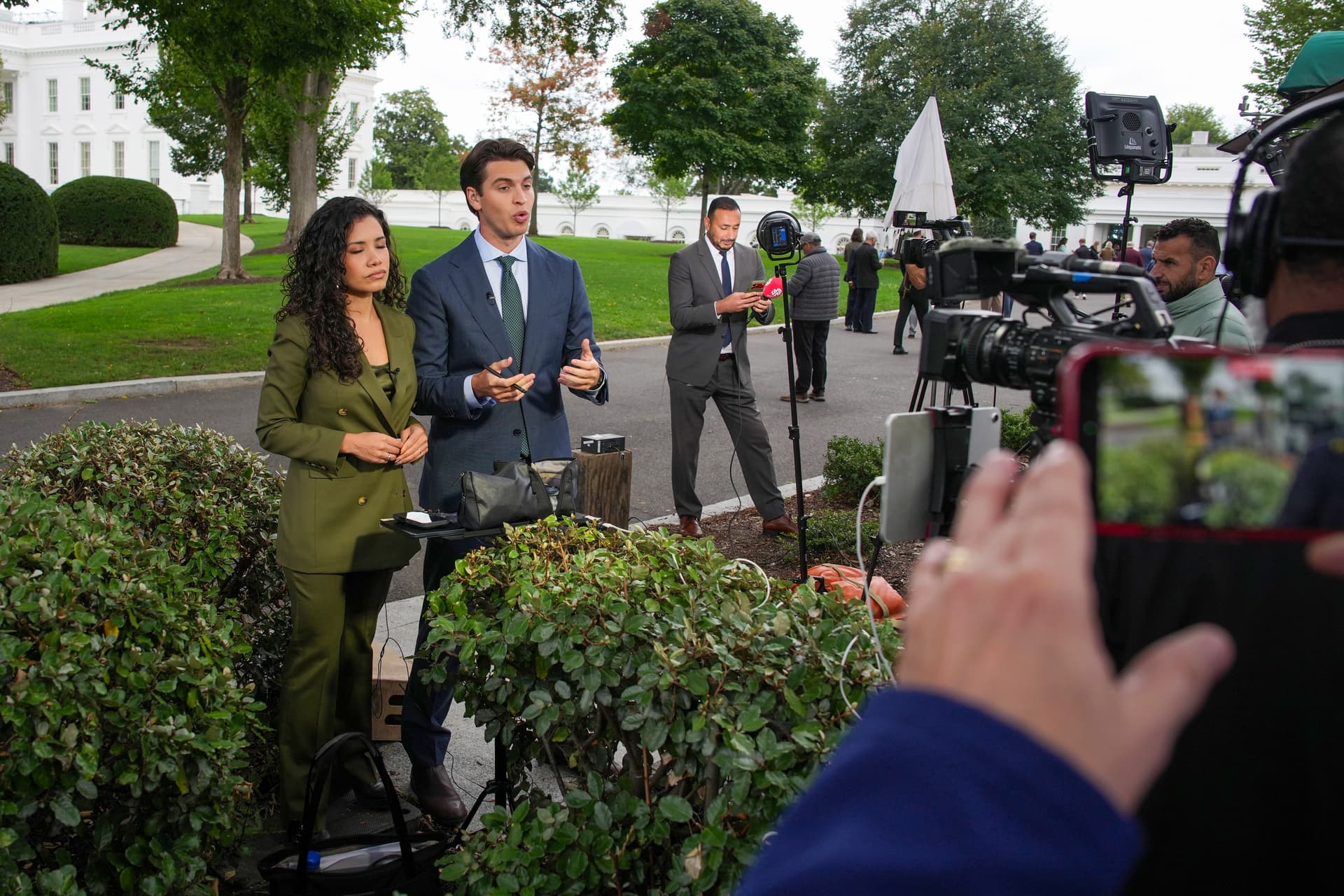 Andrew Harnik/Getty Images Correspondents for PBS NewsHour and MS NOW report from the White House North Lawn during a respite from President Trump's press ban on September 24, 2026.