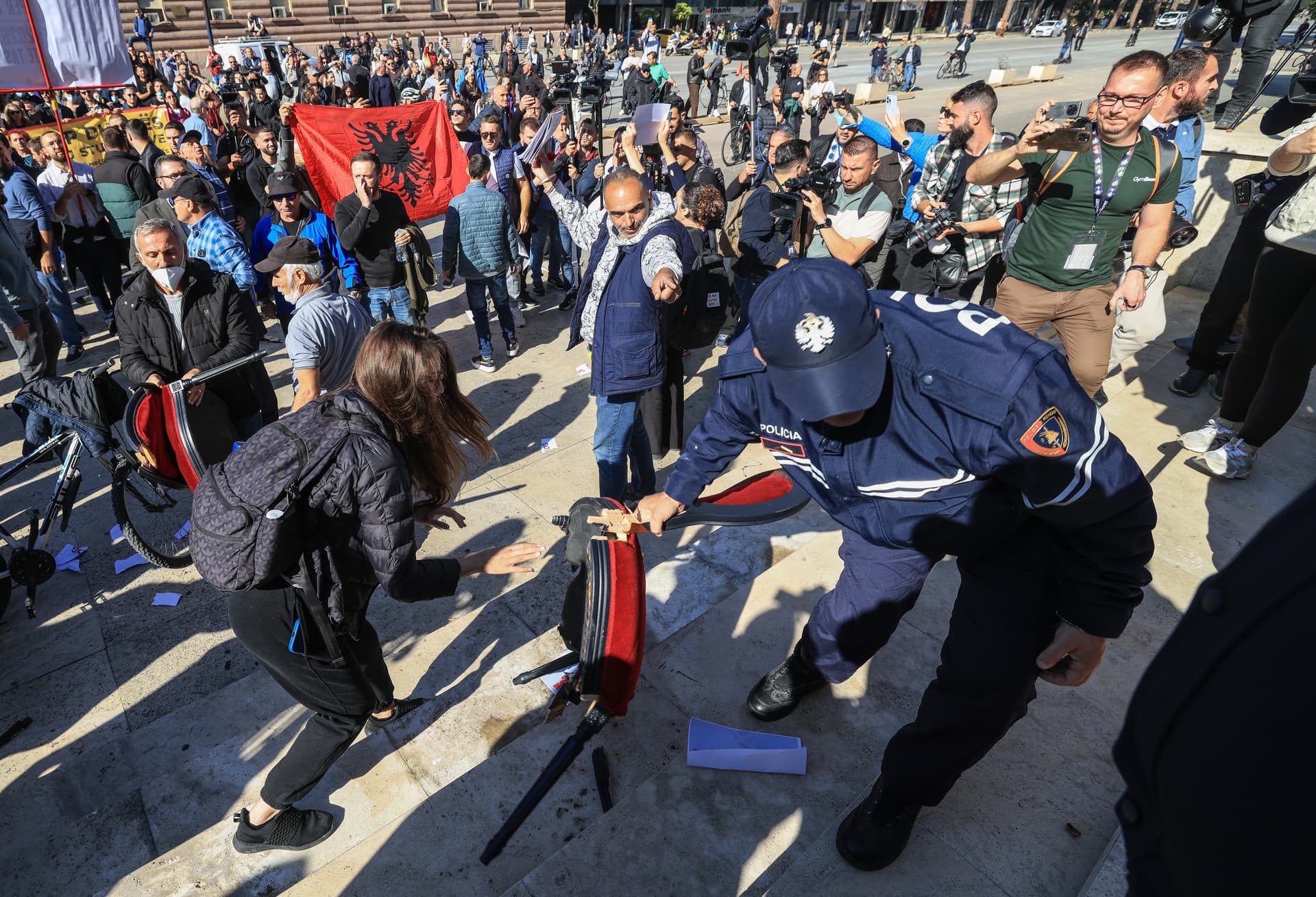 Armando Babani/Getty Images Protesters overturn chairs set up by the prime minister's office for a ‘dialogue’ outside a government building at Tirana, Albania, on October 20, 2026.