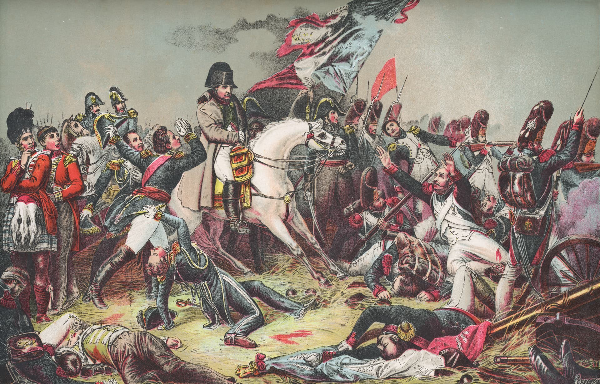 Vintage etching circa 19th century. Napoleon at Waterloo by Charles Auguste Guillaume Steuben (circa 19th century).