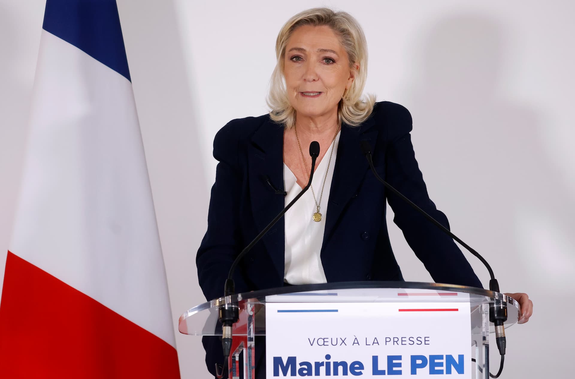 Chesnot/Getty Images. Marine Le Pen addresses the press.
