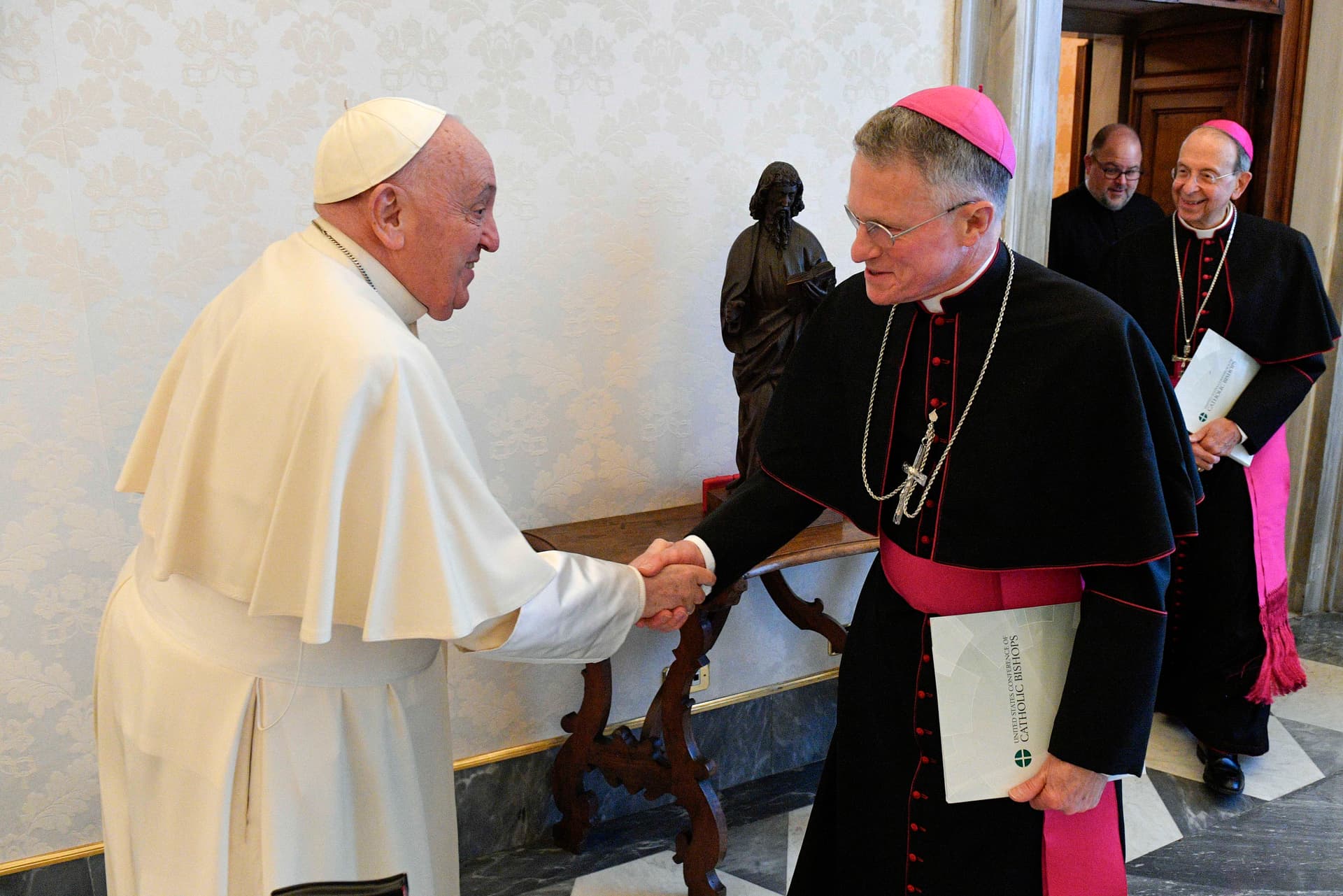 Vatican Pool/Getty Images Pope Francis meets with USA Archbishop for the Military Services Monsignor Timothy Broglio during an audience at the Apostolic Palace on April 18, 2024 at Vatican City.
