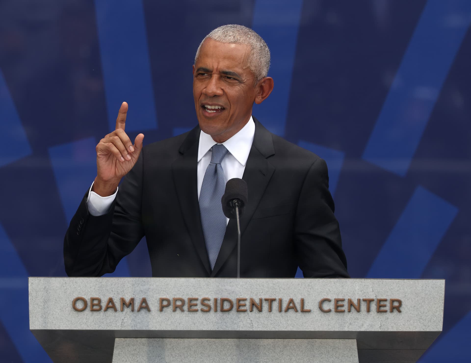 Scott Olson/Getty Images. President Barack Obama speaks during the dedication ceremony for the opening of the Barack Obama Presidential Center.