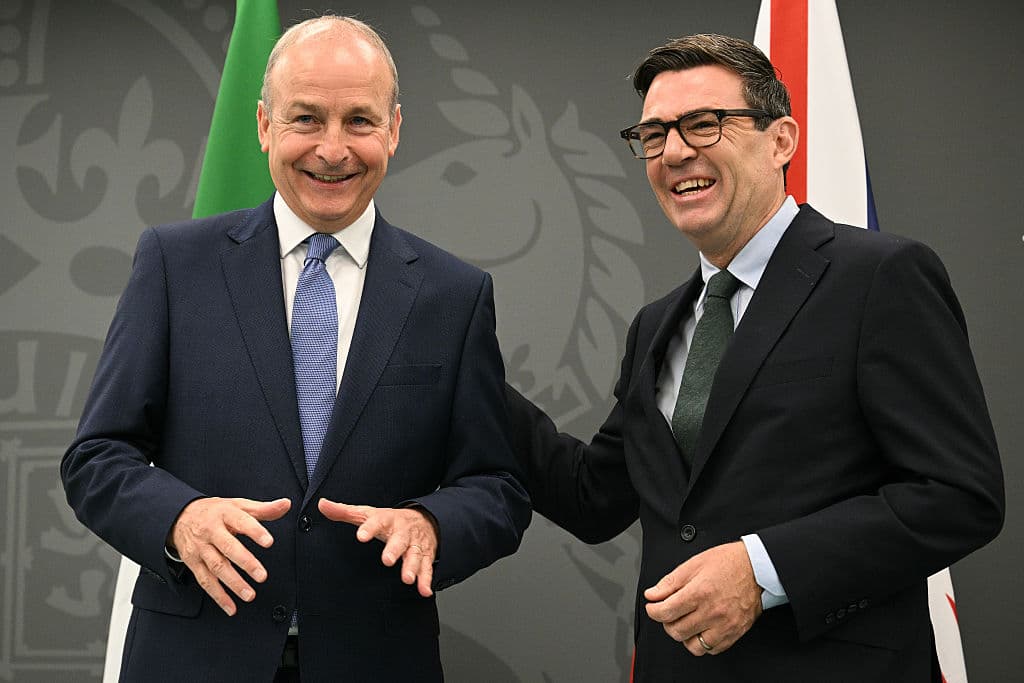 Oli Scarff-WPA Pool/Getty Images Prime Minister Andy Burnham greets Taoiseach Micheal Martin on September 18, 2026 at Manchester.