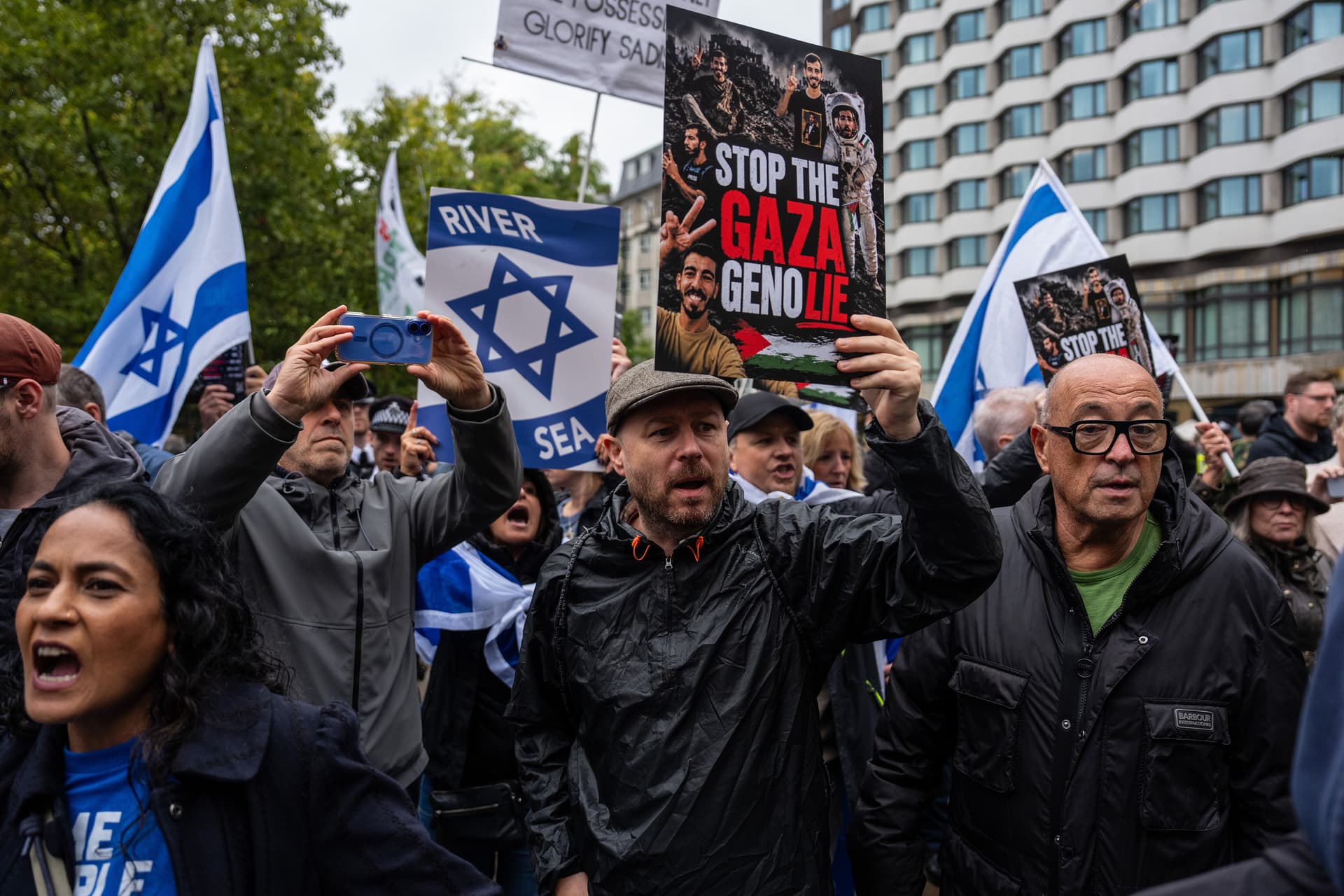 Carl Court/Getty Images. A pro-Israel counter-protest during a pro-Palestinian student march in London on the third anniversary of October 07.