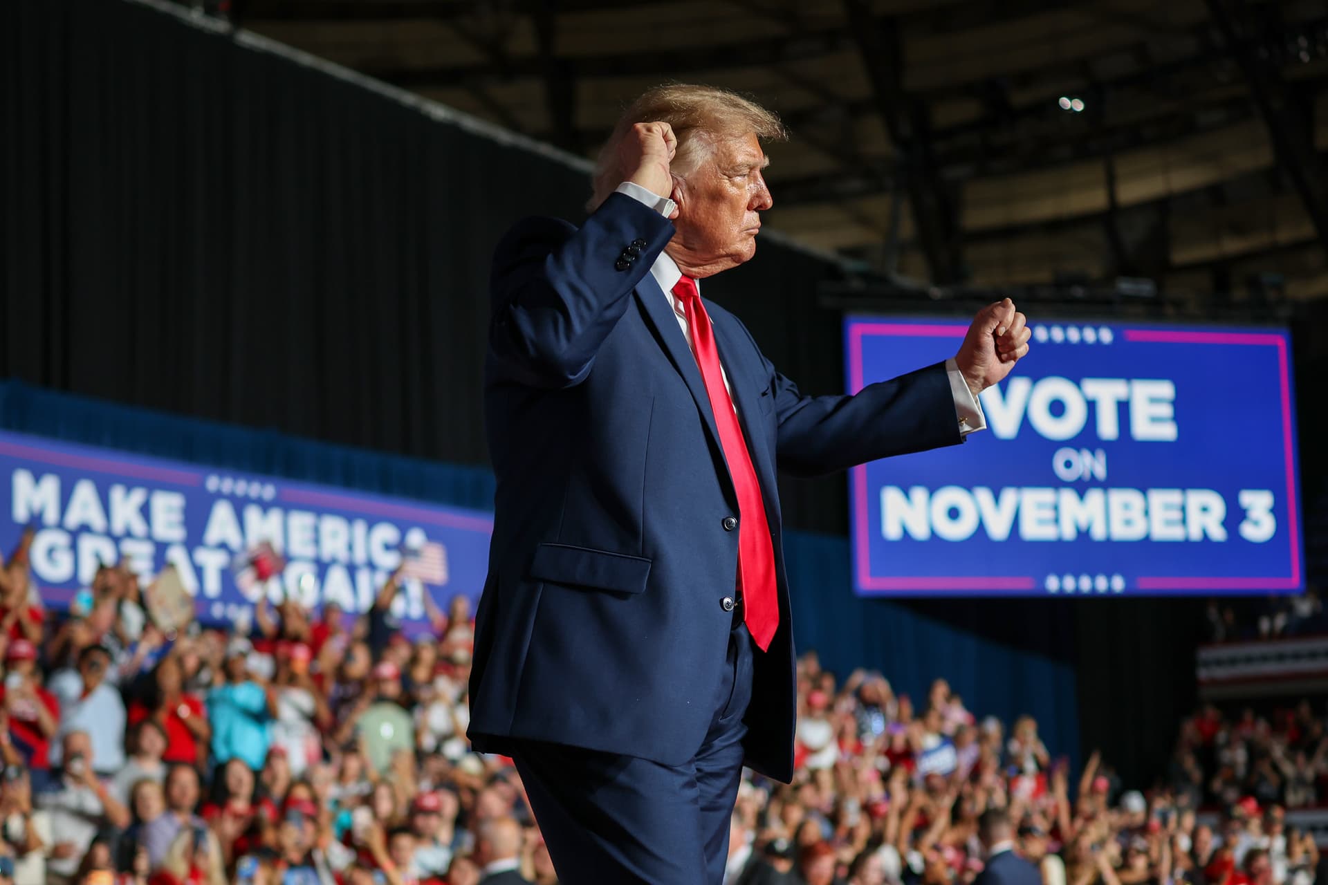 Win McNamee/Getty Images President Trump dances as he leaves the stage after speaking during a campaign rally at the Freeman Coliseum on October 7, 2026 at San Antonio, Texas.